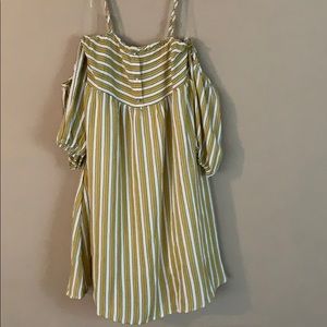 yellow. white, and navy striped sun dress.